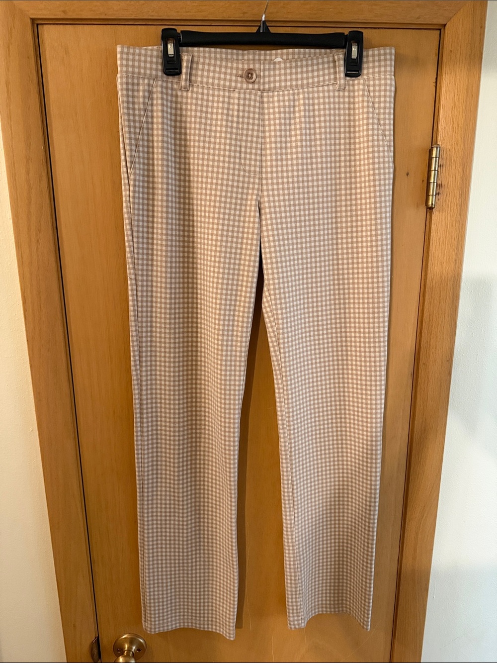 Betabrand Women's Gingham Plaid Classic Straight-Leg Pants Yoga Tan Size Large